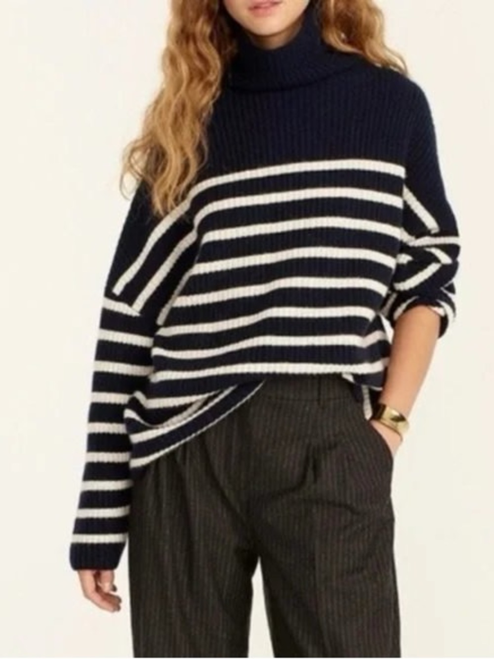 J. Crew 100% Cashmere Striped Navy Turtleneck Sweater